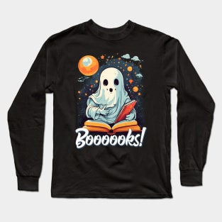 Funny Halloween Cute Ghost Reading a Book Moon Stars Sky Long Sleeve T-Shirt